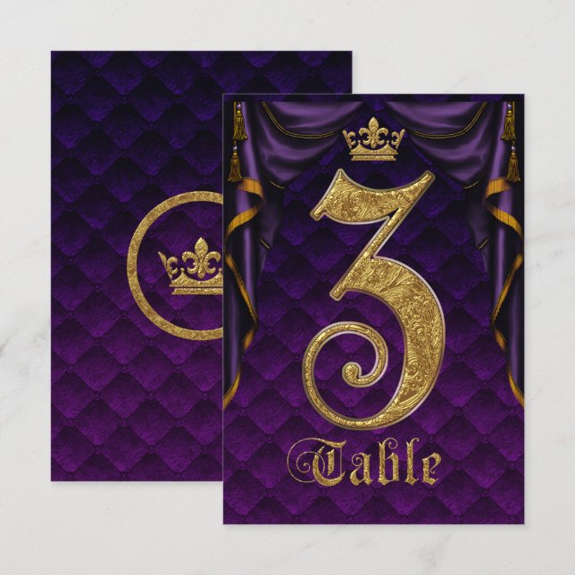 Invitation Couronne d'or violet royal Table de mariage numéro (Devant / Derrière)
