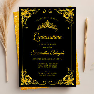 Invitation Couronne dorée de luxe Quinceanera noir et or