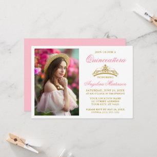 Invitation Couronne dorée élégante moderne Photo Rose Quincea