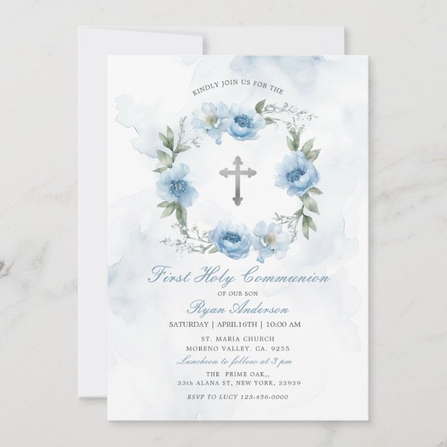 Invitation Couronne Dusty Bleu Première Communion Sainte (Devant)