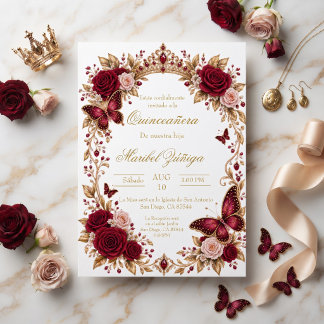 Invitation Couronne élégante Burgundy Gold Quinceañera | Élég