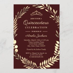 Invitation Couronne élégante de Quinceañera bordeaux et or