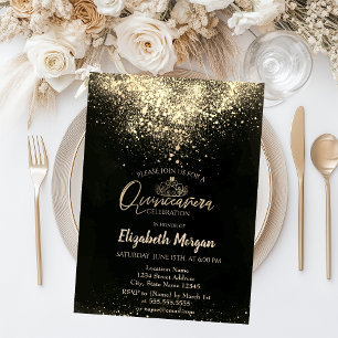 Invitation Couronne élégante en or, Quinceañera confettis