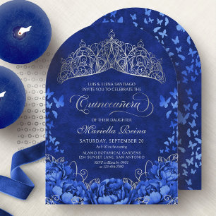 Invitation Couronne élégante papillons bleus royaux pour Quin