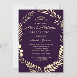 Invitation Couronne élégante violette et or pour Sweet Sixtee
