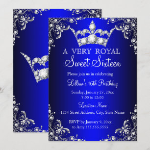Invitation Couronne en damas bleu royal Sweet 16 perle argent