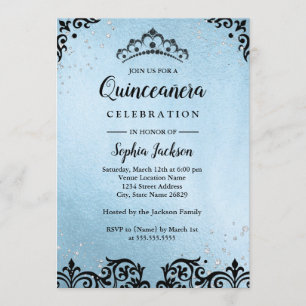 Invitation Couronne en Damassé avec Étincelle Bleue pour Quin