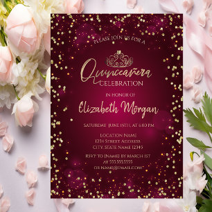 Invitation Couronne en or chic, diamants Quinceañera bordeaux