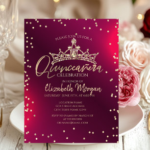 Invitation Couronne en or chic, diamants Quinceañera rouge