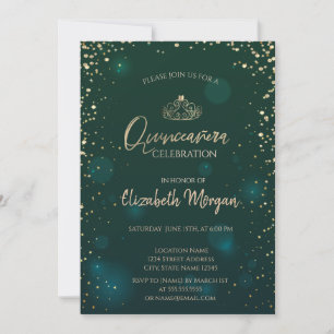 Invitation Couronne en or chic, diamants Quinceañera verte