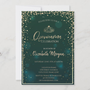 Invitation Couronne en or chic, diamants Quinceañera verte