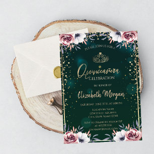 Invitation Couronne en or chic, diamants, roses Quinceañera v