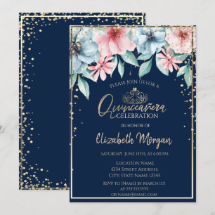 Invitation Couronne en or, diamants, Quinceañera florale
