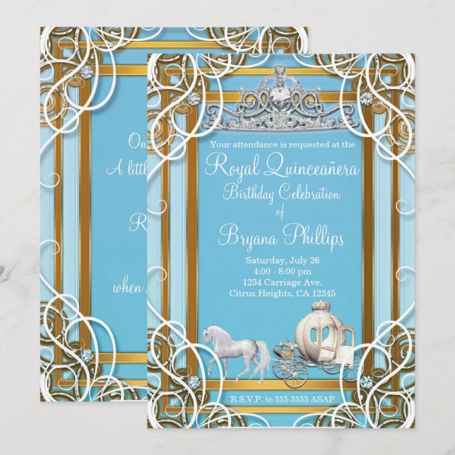 Invitation Couronne et Carrosse Princesse Or Bleu Quinceañera (Devant / Derrière)