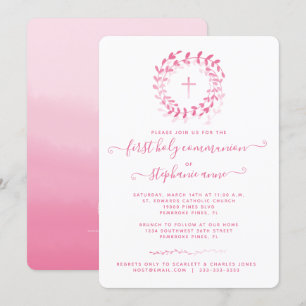 Invitation Couronne et croix rose communion