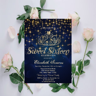 Invitation Couronne Étoilée Princesse Bleu Marine Sweet 16 Or