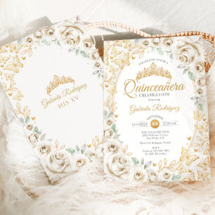 Invitation Couronne Fleurie de Crème Dorée pour Quinceanera