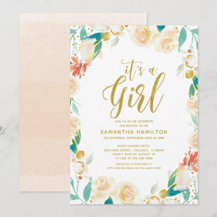 Invitation Couronne Fleurie de Pêche Dorée Fille Baby Shower