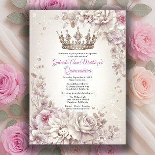 Invitation Couronne Fleurie Rose Argentée pour Quinceañera