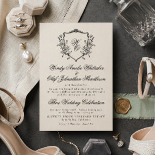 Invitation Couronne fleurie vintage crème et monogramme au do