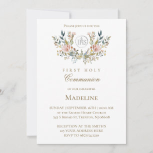 Invitation couronne florale aquarelle première communion