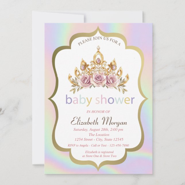 Invitation Couronne florale, Baby shower holographique (Devant)