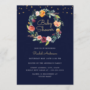 Invitation Couronne florale bébé Navy Or Shower
