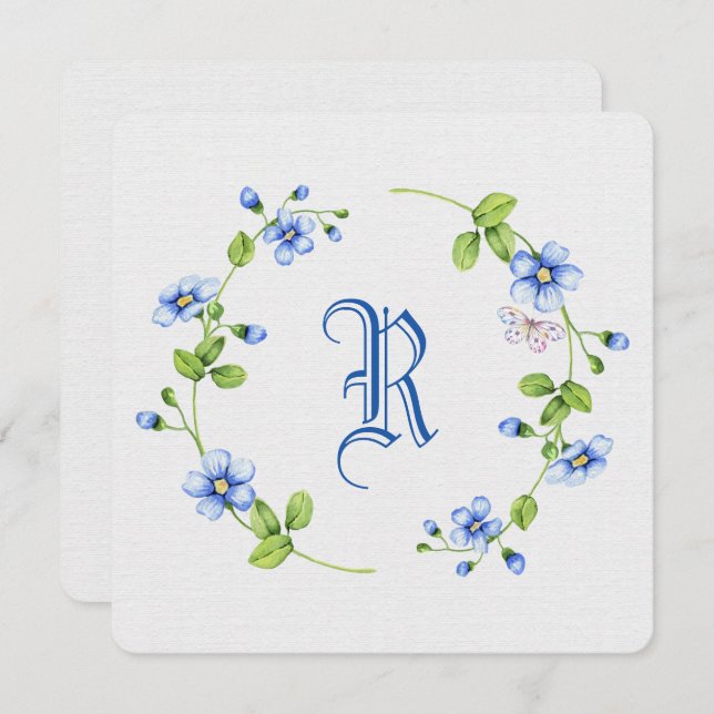 Invitation couronne florale bleu simple avec monogramme (Devant / Derrière)