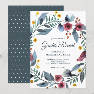 Invitation Couronne florale bleue et rose rustique pour révél