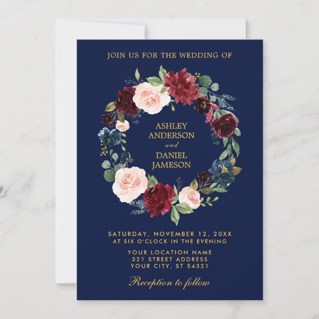 Invitation Couronne florale Bourgogne Mariage bleu or B (Devant)