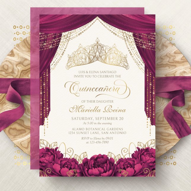 Invitation Couronne Florale Bourgogne moderne Quinceanera (Créateur téléchargé)