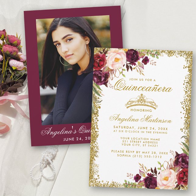 Invitation Couronne florale burgundy Quinceanera Photo Or (Customize to change text size or text style.)
