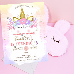 Invitation Couronne florale de licorne, Anniversaire pastel