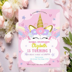Invitation Couronne florale de licorne Arc-en-ciel Cœurs Étoi
