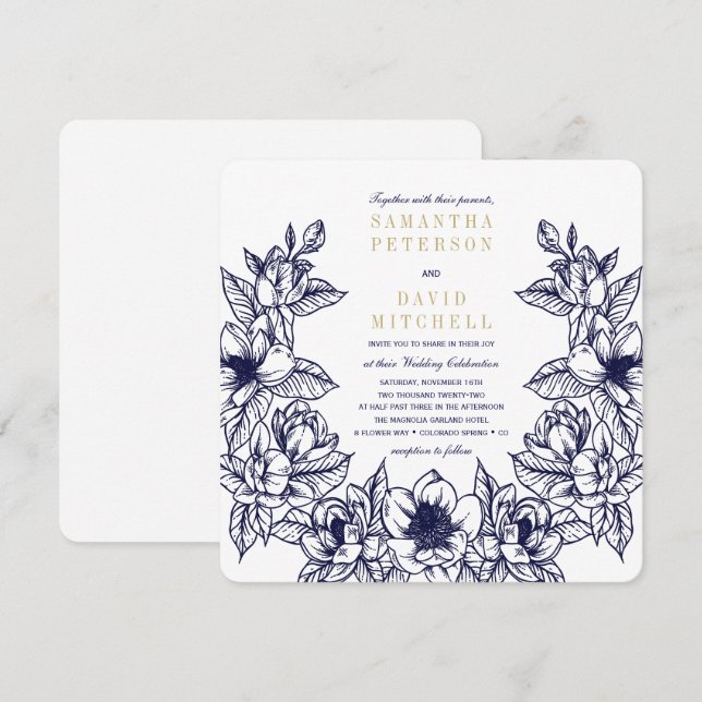 Invitation Couronne florale de Magnolia | Bleu & Or | MARIAGE (Devant / Derrière)