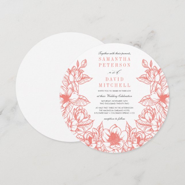 Invitation Couronne florale de Magnolia | Corail | MARIAGE (Devant / Derrière)