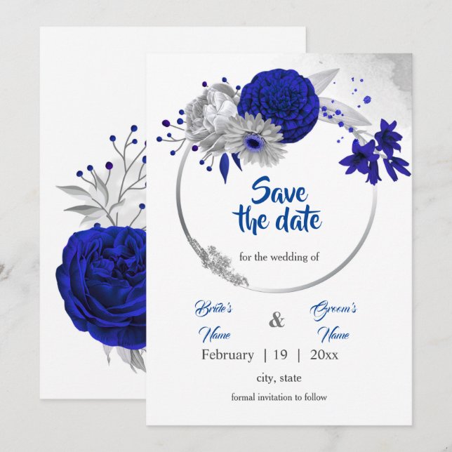 Invitation couronne florale de mariage bleu royal argentée sa (Devant / Derrière)