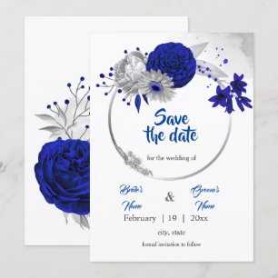 Invitation couronne florale de mariage bleu royal argentée sa