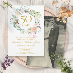 Invitation Couronne florale de photo de mariage 50e anniversa