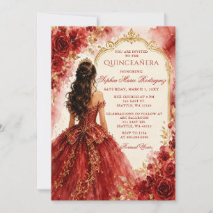 Invitation Couronne florale de princesse en or rouge Quinceañ