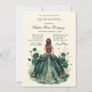 Invitation Couronne florale de princesse en or vert pour Quin
