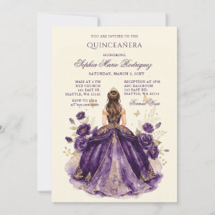 Invitation Couronne florale de princesse en or violet pour Qu