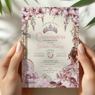 Invitation Couronne florale de Quinceañera rose et crème