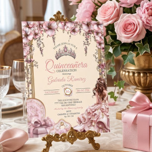 Invitation Couronne florale de Quinceañera rose et crème