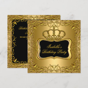 Invitation Couronne florale élégante noire et or pour fête d'