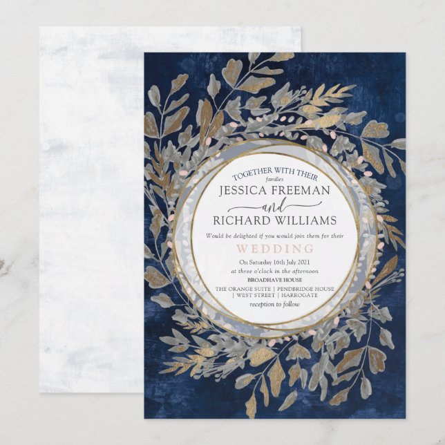 Invitation Couronne florale gothique lunatique, bleu marine e (Devant / Derrière)