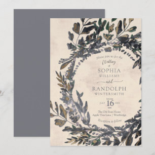 Invitation Couronne florale gothique lunatique gris acier or