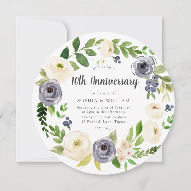Invitation Couronne florale Navy White 10e anniversaire de ma (Devant)