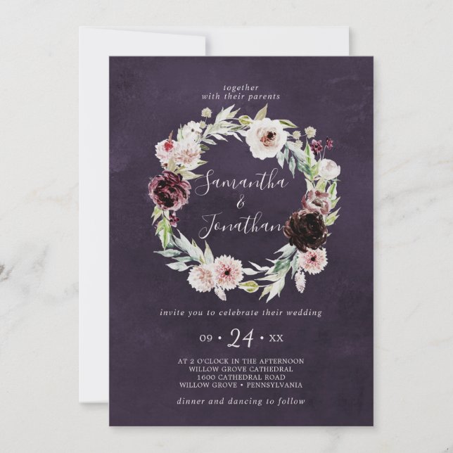 Invitation Couronne Florale Romance | Mariage de prune (Devant)