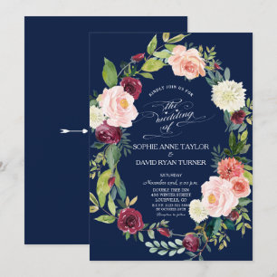 Invitation Couronne florale rose Bourgogne mariage bleu foncé